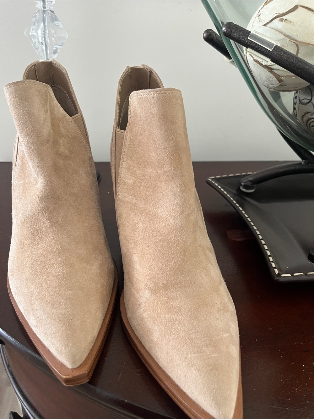 Vince Camuto Pointed Toe Suede Ankle Boots in Light Taupe